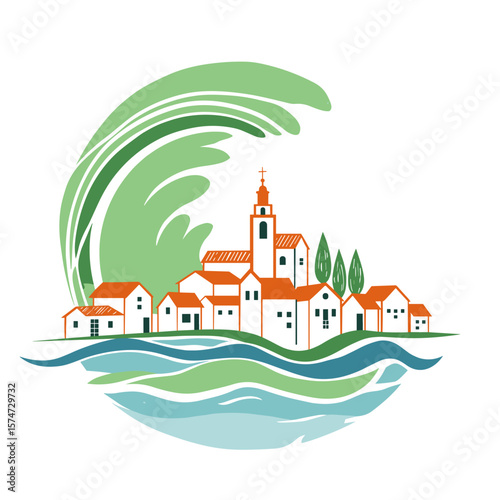 Coastal city with elements of waves and greenery