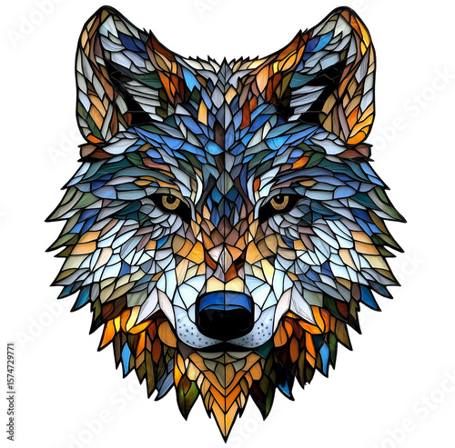 Stained glass window with a wolf's head , isolated on transparent background, png