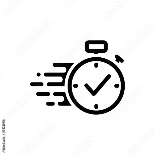 A black and white icon of a stopwatch with motion lines and a check mark inside the stopwatch face
