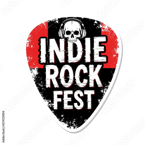 Indie Rock Fest Sticker with Grunge Skull and Guitar Pick Shape