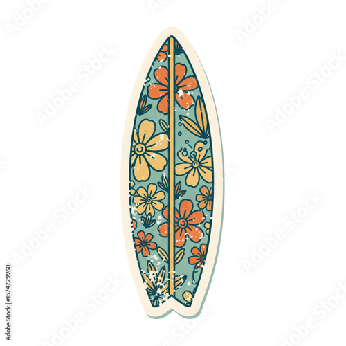 Grunge Floral Surfboard Sticker with Distressed Retro Pattern
