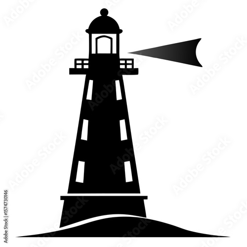 Iconic black silhouette of a classic lighthouse with a rotating beam of light