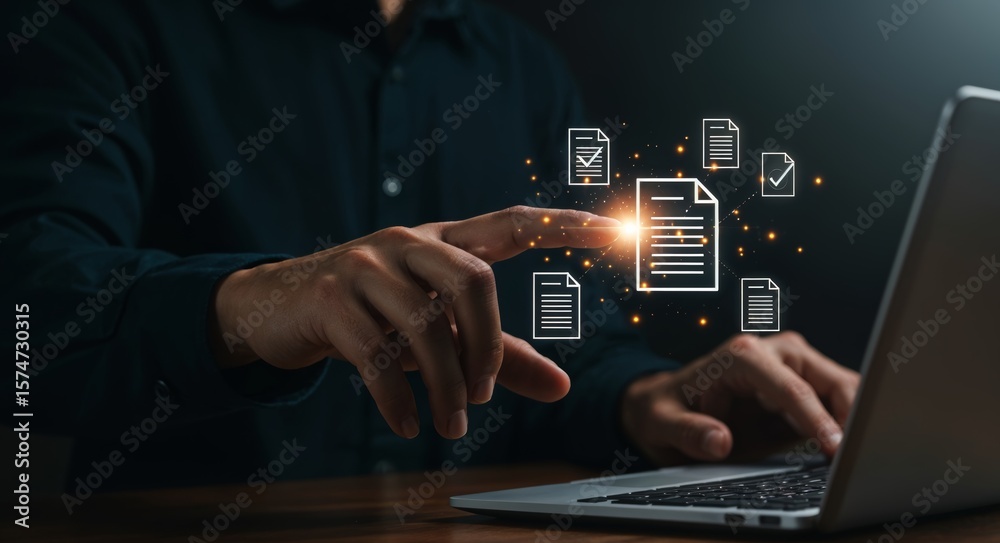 Naklejka premium Businessman holding digital contract icon, representing touchless procurement workflow, paperless invoice approval, B2B management, and secure document verification in ERP systems.