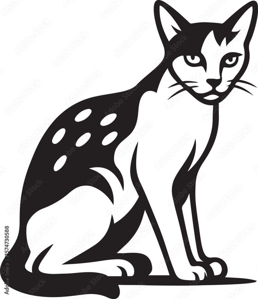 Obraz premium Sitting cat black and white silhouette, Calm pet illustration minimal vector style