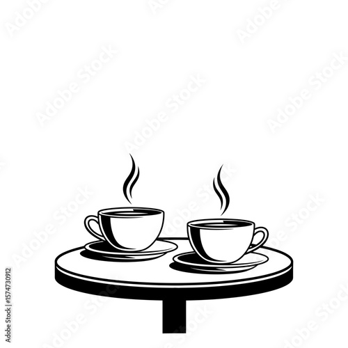 Two cups of coffee with steam on saucers sitting on a round table in black and white illustration