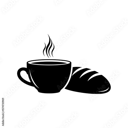 A simple black and white illustration of a steaming coffee cup and a loaf of bread side by side