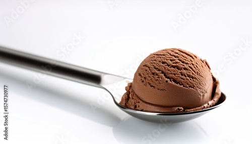 single scoop of chocolate ice cream on a metal spoon against a white background
