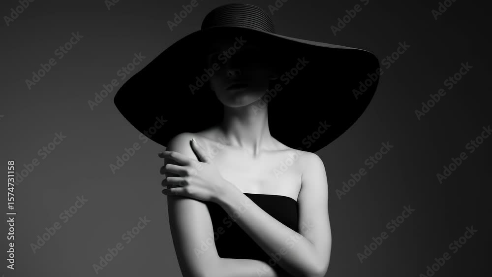 Elegant woman in a dramatic wide-brimmed hat poses mysteriously in a timeless black and white studio portrait.