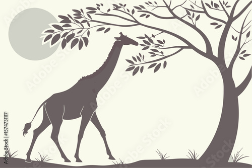 Silhouette of a giraffe walking under a tree with a moon in the background in a monochrome illustration