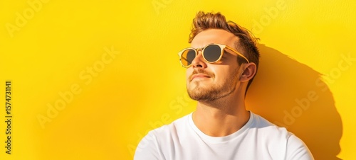 A Man enjoying a sunny day. He is wearing a casual standing of yellow background. Summer vacation travel holiday concept. 