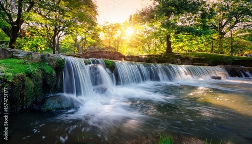sunlit waterfall in a peaceful park