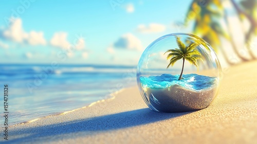 Fototapeta Naklejka Na Ścianę i Meble -  Tropical Beach in a Glass Orb on Sandy Shore with Blurred Background