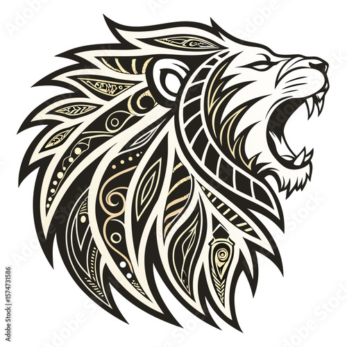 Illustration of a stylized lion head with intricate tribal patterns and an open roaring mouth design