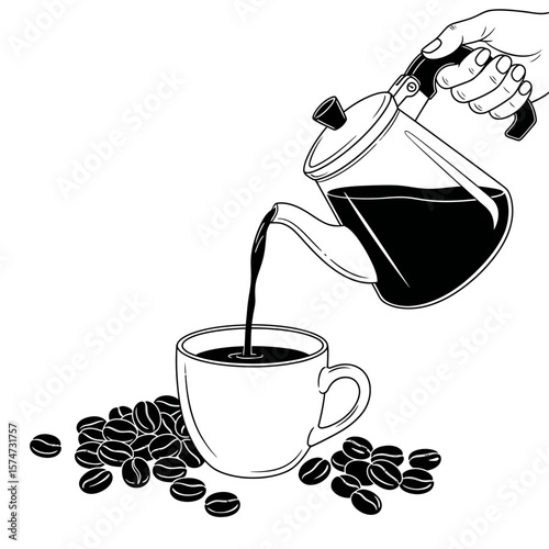 A hand pouring coffee from a glass pot into a cup with coffee beans scattered around the cup base