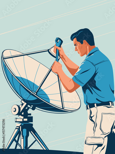 Man in blue shirt adjusting a large satellite dish with a wrench outdoors