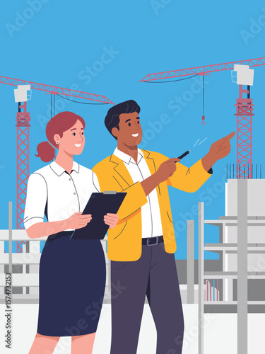 Two professionals discussing plans at a construction site with cranes in the background