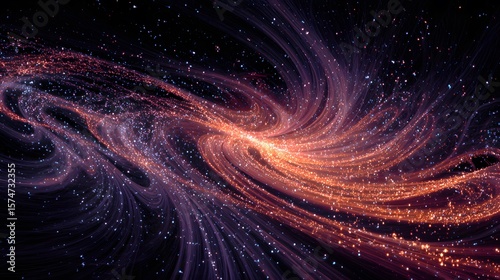 Swirling galactic dust and particles create a mesmerizing abstract background with vibrant colors.