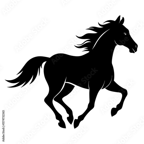 Dynamic black silhouette of a horse running with freedom and power