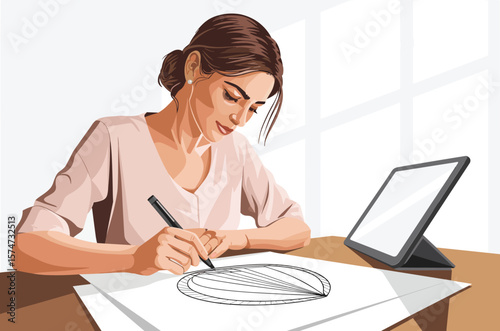 Young woman artist drawing a design on paper with a stylus and tablet