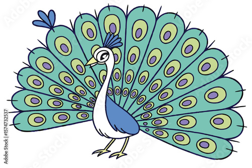 Illustration of a cartoon peacock with a large fan of feathers decorated with colorful eye spots design