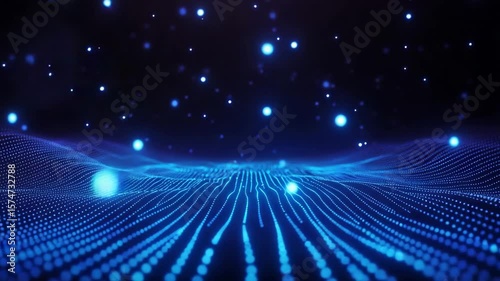 Abstract Blue Digital Particles:  Flowing Energy Wave Background