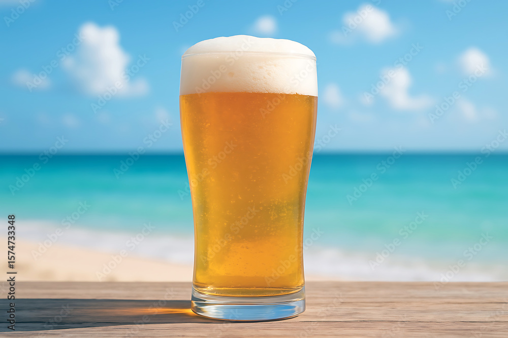 Tall Glass of Beer with Foam on a Beach with Ocean and Sky Tall Glass of Beer with Foam on a Beach with Ocean and Sky