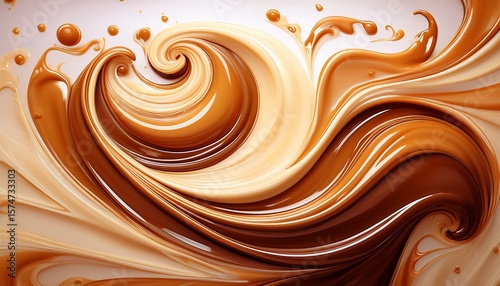swirl caramel pattern background with abstract toffee splashes wavy texture of salted caramel candy chocolate and milk flow peanut butter snack