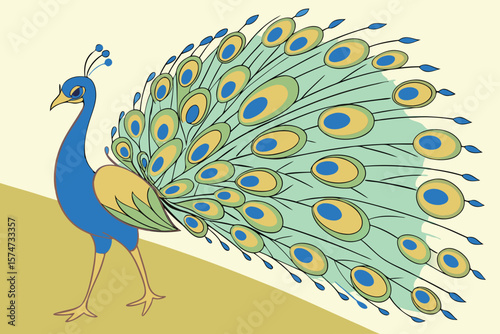 Illustration of a peacock with blue body and large colorful tail feathers on a light background