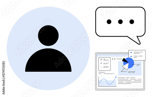 User profile icon, speech bubble with ellipsis, graphical interface featuring pie chart and analytics data. Ideal for profile management, communication, analytics, teamwork, messaging, info-sharing
