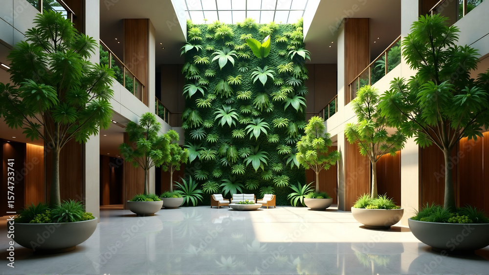 Naklejka premium Eco-Luxe Hospitality: Hotel Lobby with Verdant Accents