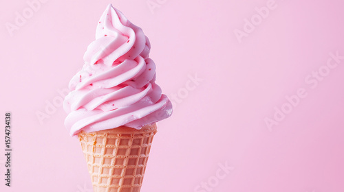 A pink ice cream cone with strawberry swirls on a pink background.