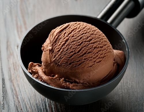 single scoop of chocolate ice cream in a black scoop