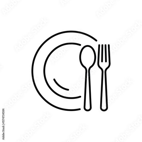Simple Line Art Illustration of a Plate, Spoon, and Fork. Plate, spoon and fork line icon vector
