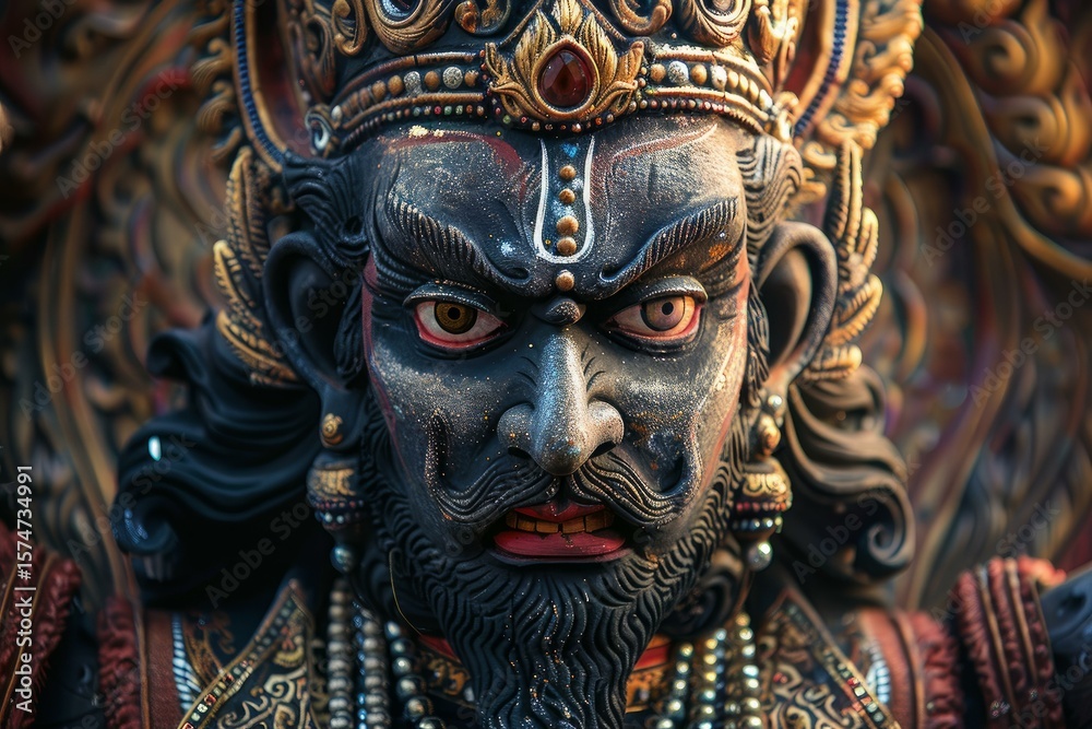 Fototapeta premium Close up of a vibrant, intricately carved wooden statue depicting a powerful hindu deity, adorned with a majestic crown and traditional embellishments