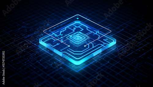 Futuristic neon blue circuit board with glowing lines on a dark grid background