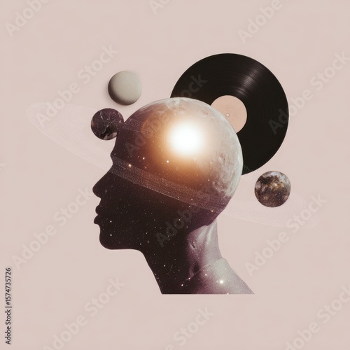 A minimalist vinyl art piece featuring a human silhouette with a cosmic background. Planets and a vinyl record are integrated into the design, creating a retro concept.