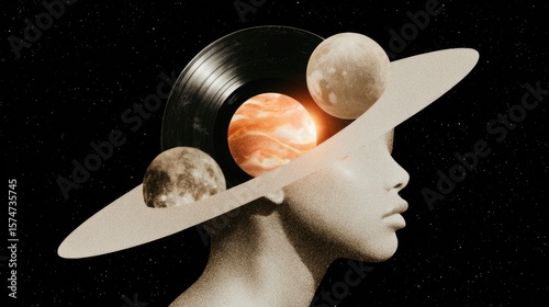 A minimalist vinyl record floats above a stylized human head. Planets and moons orbit around the record, creating a retro cosmic theme.
