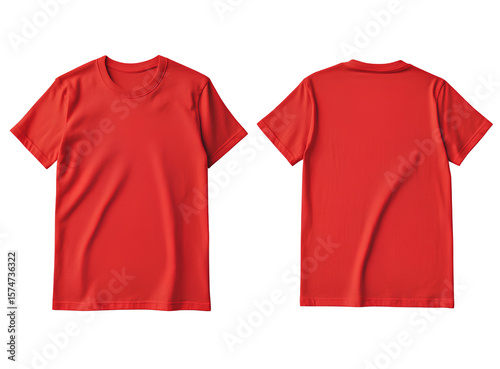  Red t-shirt template, front and back, isolated on a white background. No mockup or cut-out for printing, with copy space.