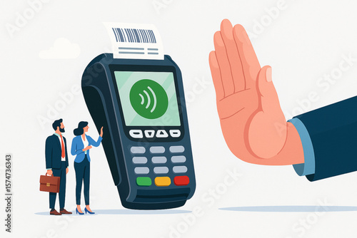 A large POS terminal, people, and a hand gesturing stop payment illustrate digital finance issues and consumer protection concept.