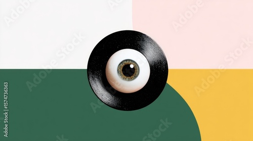 A black vinyl record with a white center is placed on a colorful geometric background featuring green, yellow, pink, and white sections. The design reflects retro minimalism.