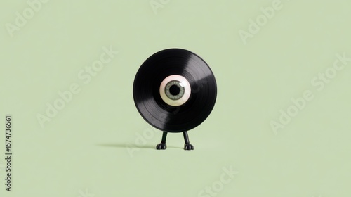 A minimalistic vinyl record stands upright on small legs against a soft green background. The design reflects retro and trendy art concepts.
