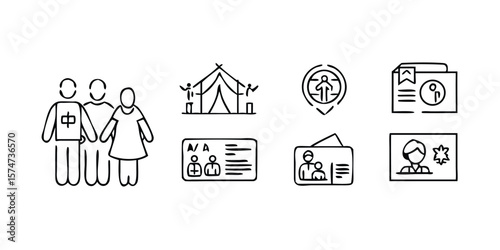 Comprehensive Icon Set Depicting Refugee Crisis and Humanitarian Aid Efforts with Line Art Style Ideal for Web and Print Design on transparent background comprehensive icon