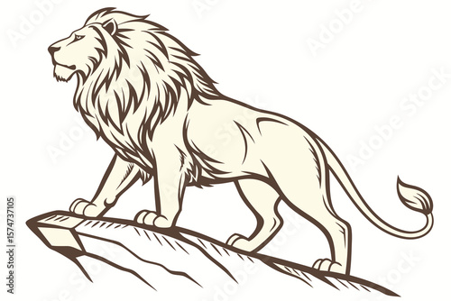 Illustration of a majestic lion standing proudly atop a rocky outcrop in a stylized design