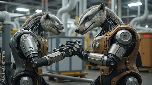 Futuristic badger robots shaking hands in industrial setting symbolizing cooperation and partnership