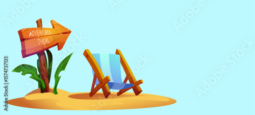 Summer beach background with chaise longue. Beach view with chaise longue and signpost with inscription. Cartoon. Vector background splash, for web design or game.
