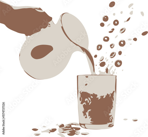 Illustration of hand pouring liquid from pitcher into glass with cereal rings and flakes vector