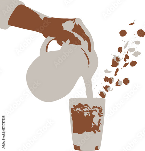 Hand pouring liquid from pitcher into glass with cereal pieces illustration vector