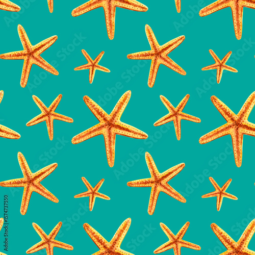 Yellow starfish, watercolor seamless pattern on green background. Marine theme. Hand drawn illustration for design, fabric, paper, wrapping, cover.