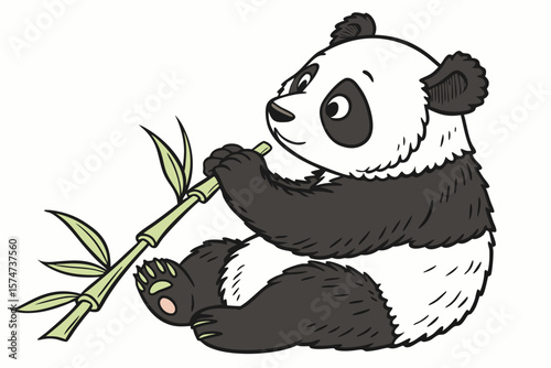 Cartoon panda bear sitting and eating bamboo shoot with green leaves on a white background image art