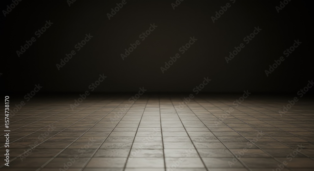 Fototapeta premium A dark room with a tiled floor, lit from the front